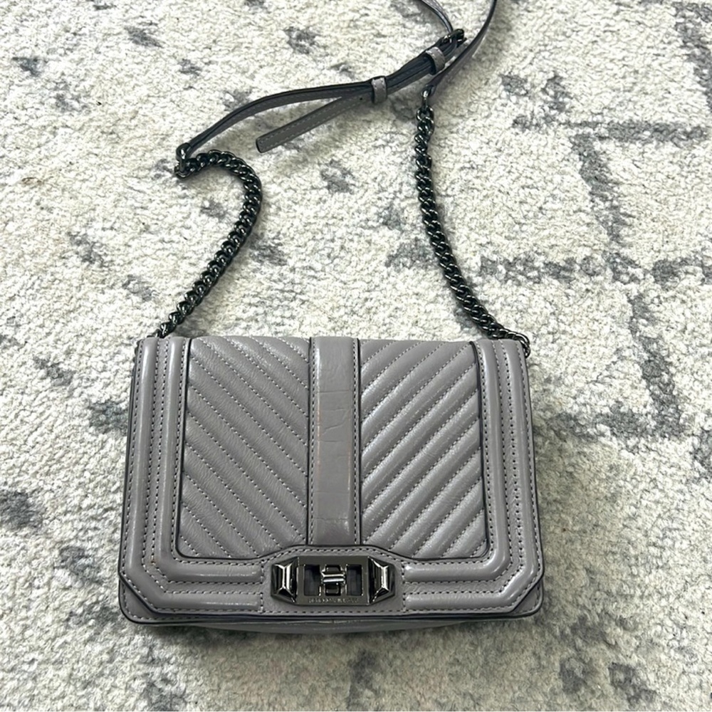 REBECCA MINKOFF‎ Chevron Quilted Love Crossbody Bag Grey Metallic
